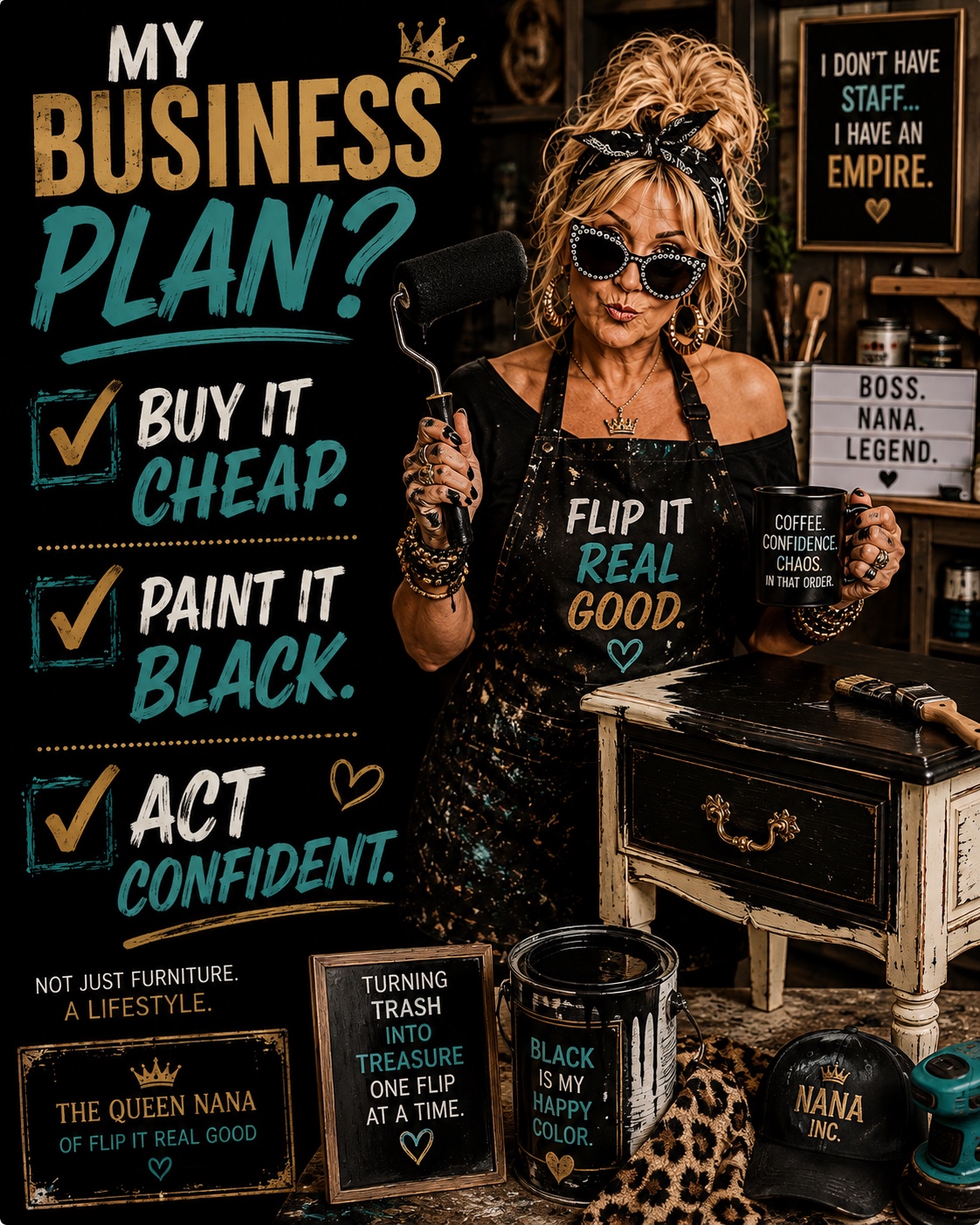 Queen Nana holding a paint roller and coffee in the workshop