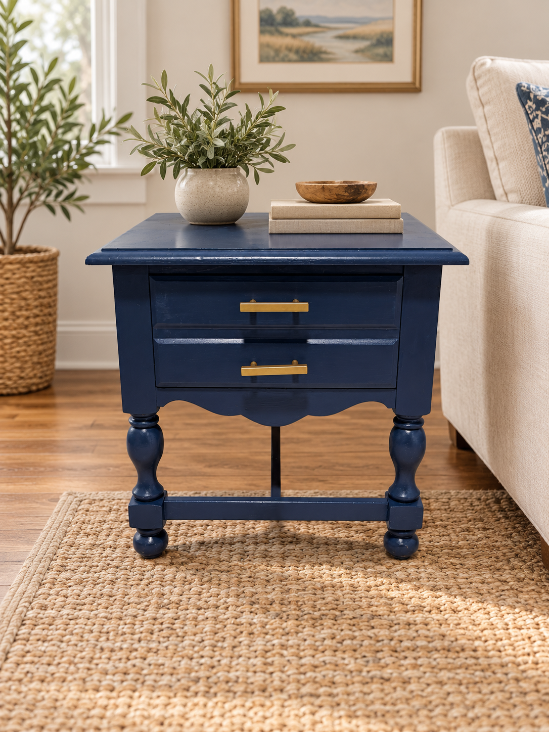 Nantucket blue side table staged in a living room, showing two gold pulls, turned legs and scalloped apron
