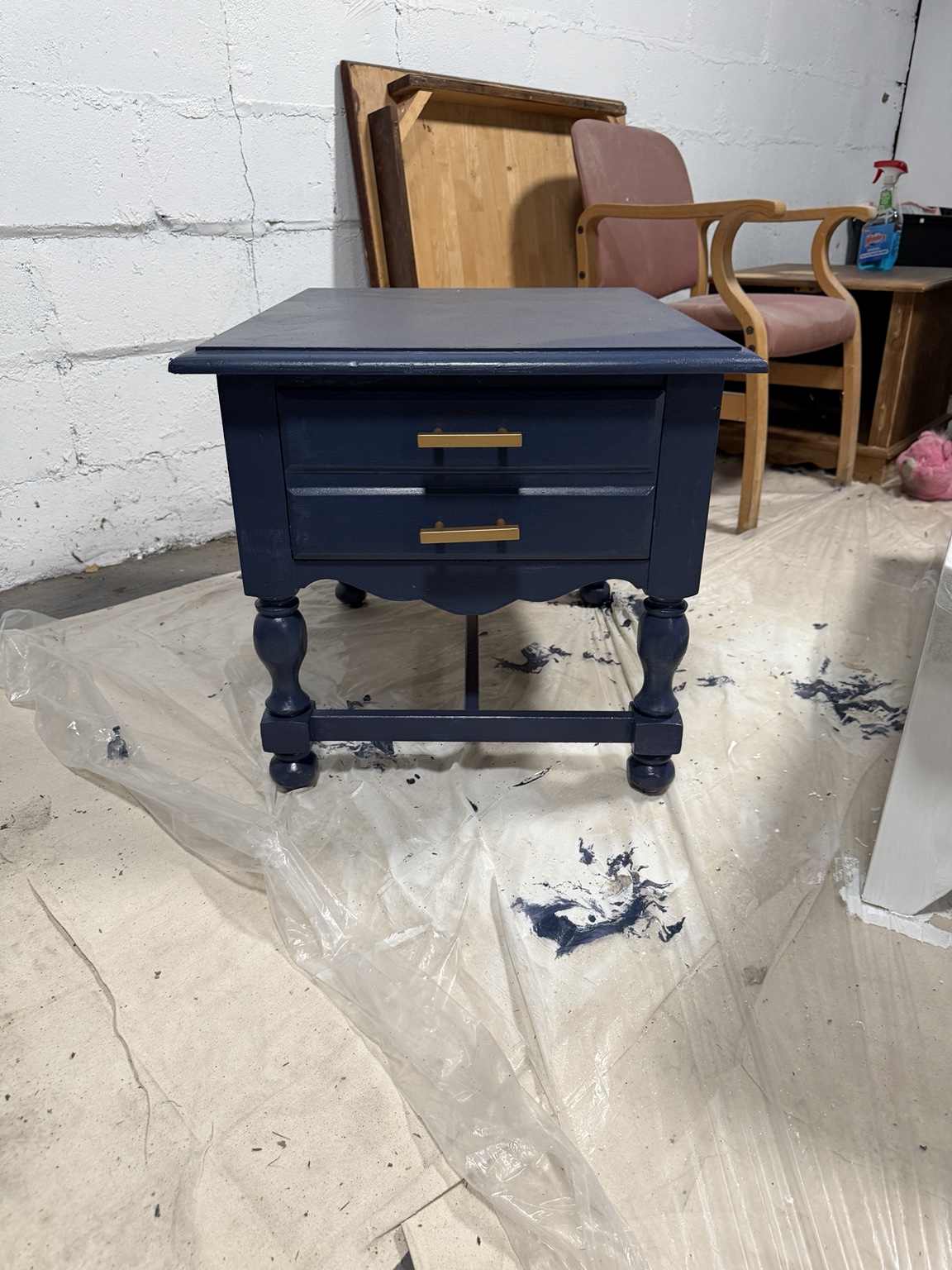 Actual Nantucket blue side table in the workshop before staging