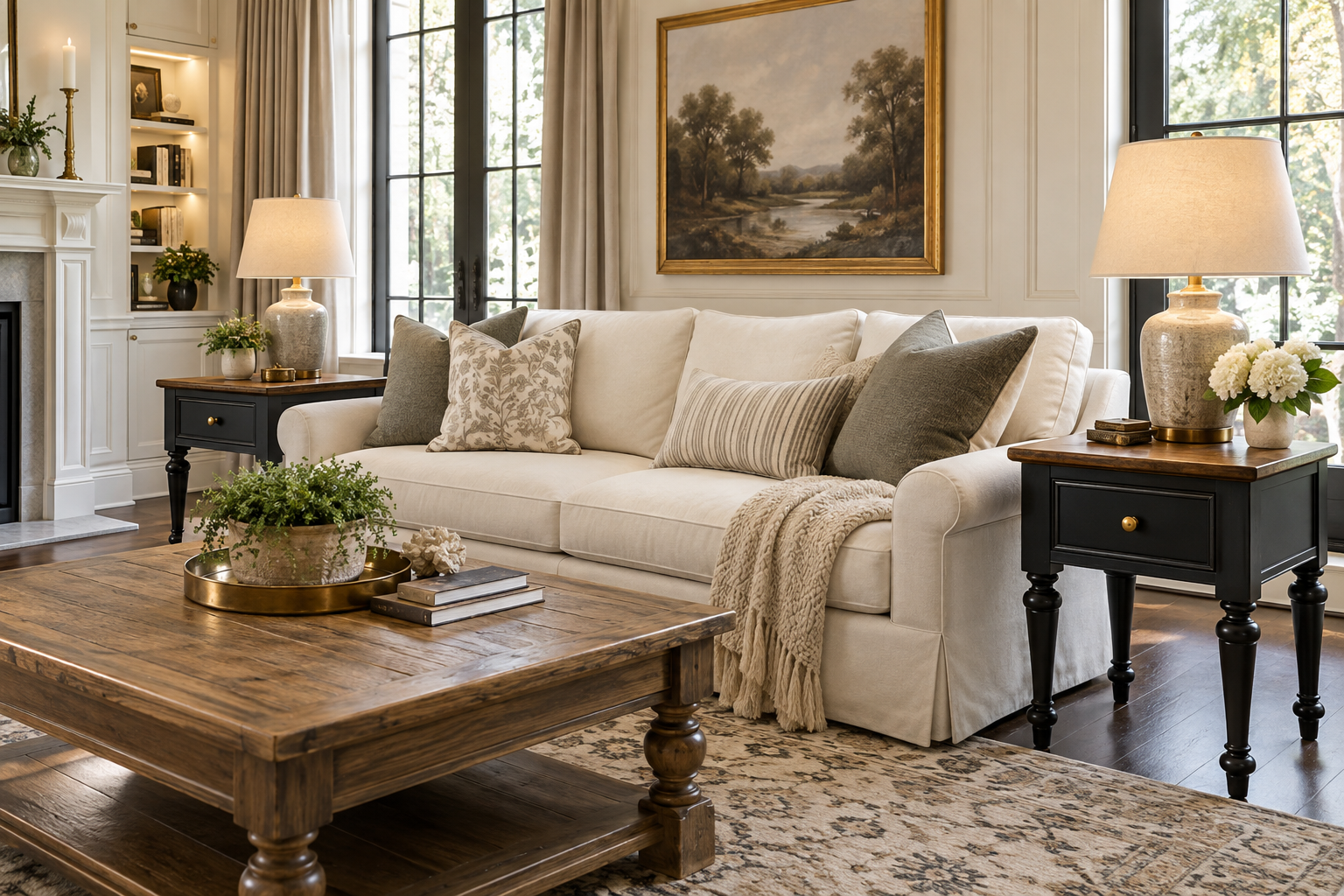 Pair of satin black end tables with preserved oak tops in an elegant living room