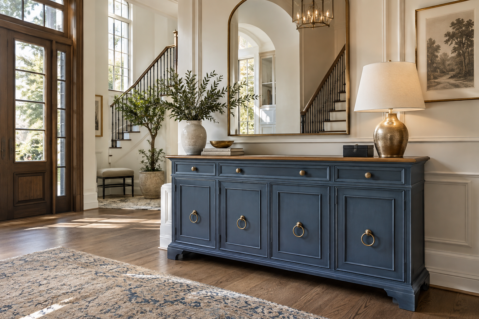 Nantucket blue credenza with champagne-gold hardware in an elegant entryway